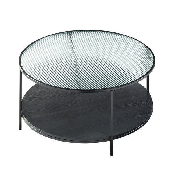 English Elm 2pc Zephyr Occasional Table Set with Fluted Glass Tops, Black Metal Frame & Wood Shelf, Modern Living Centerpiece B011P291534