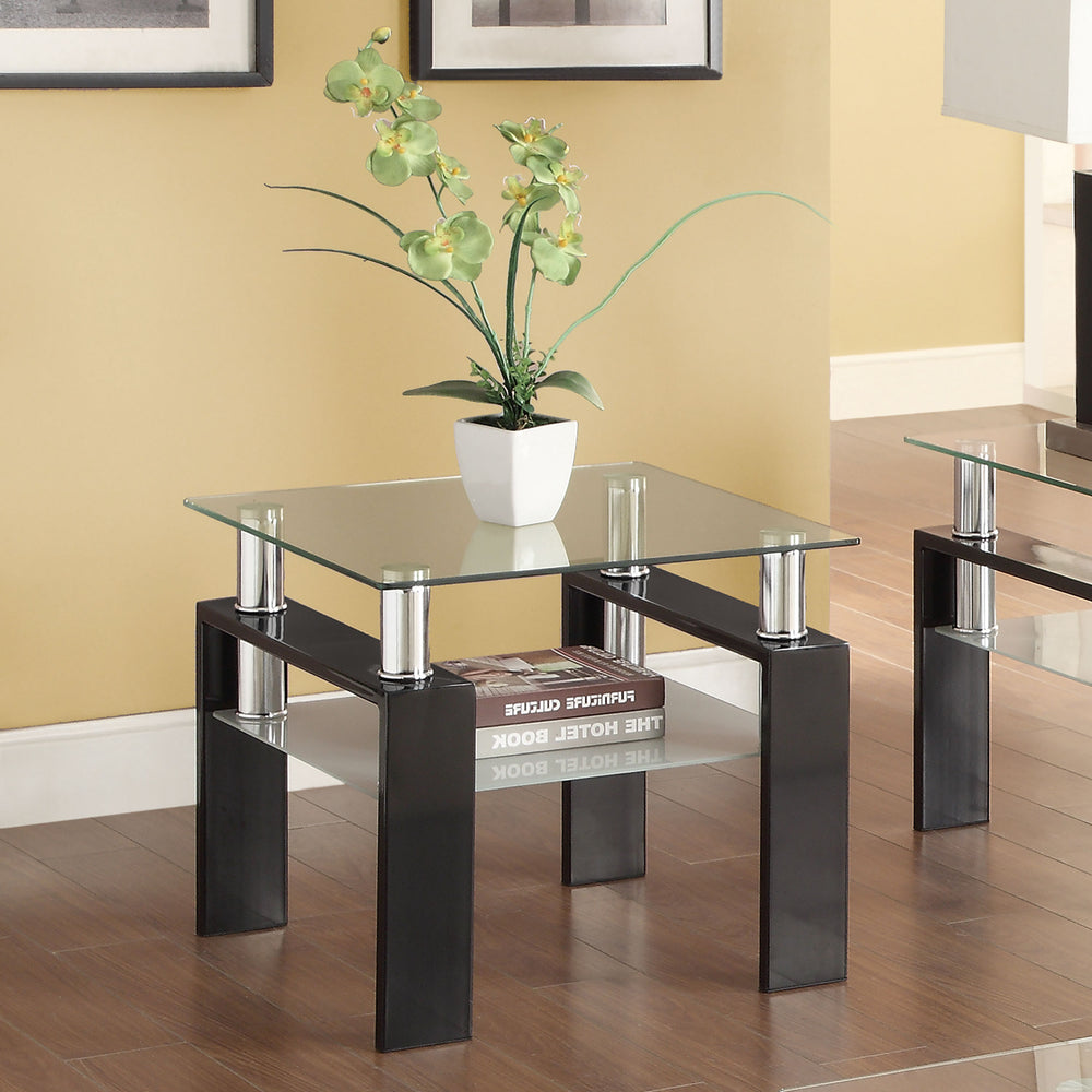 English Elm Samantha Sleek Black Glass Top End Table with Single Shelf, Durable Metal Frame, Versatile 22" Accent Piece B062S00670