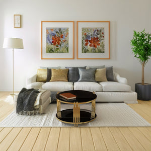 English Elm Modern Round Coffee Table Black Tempered Glass Top Gold Drum Base Living Room Glam N735P177478B