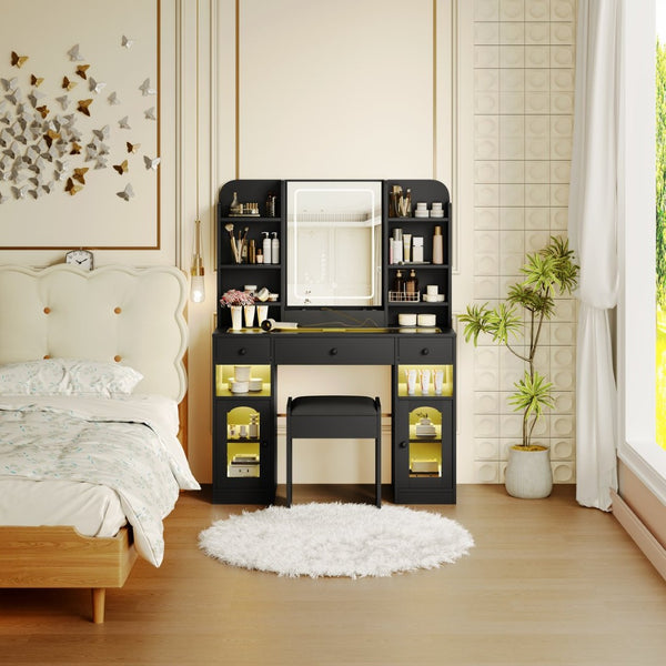 English Elm 43.2" Bedroom Dressing Table with Rgb Lit Glass Cabinets Led Mirror and Charging Station Black N704P407114B
