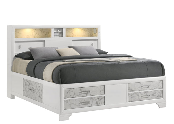 English Elm Soul Modern Queen Bed With Storage Drawers, Marble Accents, Usb Charging, And Ambient Lighting B009S01765-GIGA