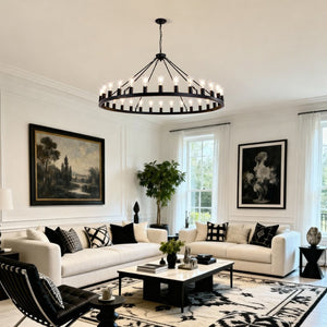 English Elm 64 Inch Wagon Wheel Chandelier Matte Black Farmhouse 30 Light Powder Coated Ring W5008P392688