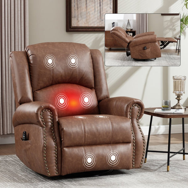 English Elm Heat Massage Rocker Swivel Recliner Chair with Lumbar Relief Nodes for Living Room Yellow Brown W3224S00029