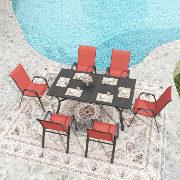 English Elm 6-piece Outdoor Dining Chair Set Powder Coated Metal Teslin Fabric Patio Seating Black+Red W3979P402401