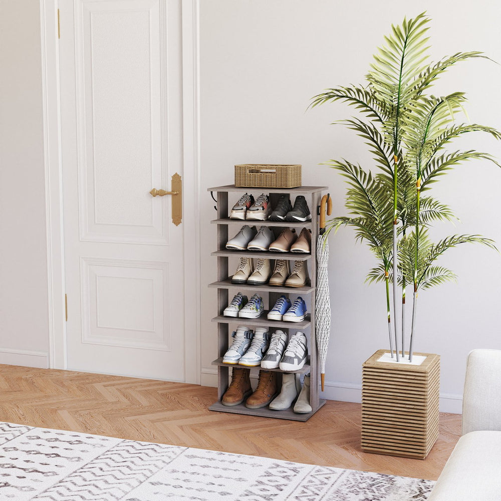 English Elm Shoe 7-Tier Vertical Shoe Rack with Hooks - Rustic Gray Organizer for 12-14 Pairs, Space-Saving Entryway W3151P346291
