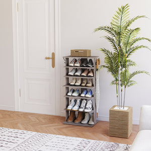 English Elm Shoe 7-Tier Vertical Shoe Rack with Hooks - Rustic Gray Organizer for 12-14 Pairs, Space-Saving Entryway W3151P346291