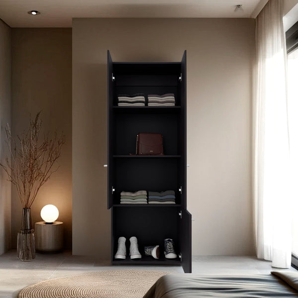 English Elm Armoire 66.9" H - Stylish Black Wengue 3-Door Storage Solution With 3 Shelves For Modern Bedrooms B097P395875
