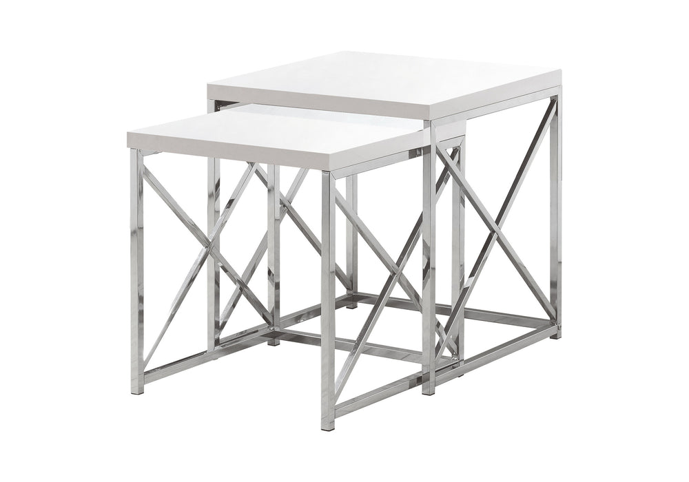 English Elm Nesting Table Set of 2 — Glossy White Laminate with Chrome Frame, Space-Saving Accent Tables for Small Spaces B2710P219161