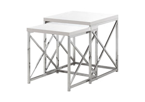 English Elm Nesting Table Set of 2 — Glossy White Laminate with Chrome Frame, Space-Saving Accent Tables for Small Spaces B2710P219161