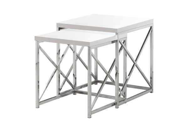English Elm Nesting Table Set of 2 — Glossy White Laminate with Chrome Frame, Space-Saving Accent Tables for Small Spaces B2710P219161