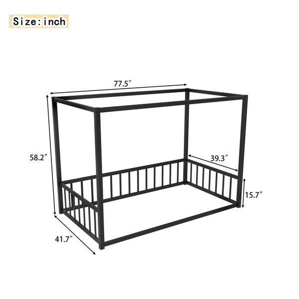 English Elm Twin Iron Frame Bed with Fence-Style Guardrails, Black Twin Low-Profile Sunshade Floor Bed, Sturdy Design W1858P282499