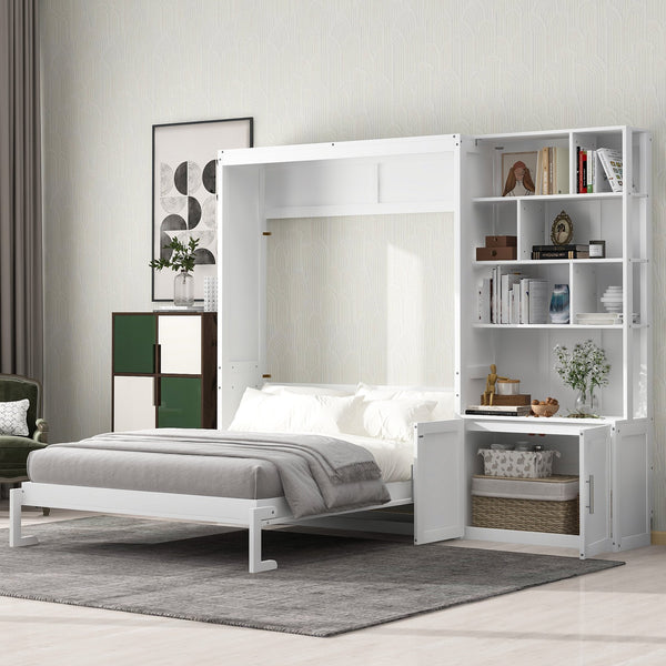English Elm Full Full Size Murphy Bed with Hidden Cabinet, Multiple Shelves, Space-Saving White Design, 600lb Capacity GX000383AAK