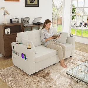 English Elm Sofas for Living Room Chenille Three Seat Couch with Usb Charging Storage and Cup Holder Beige W395S00142