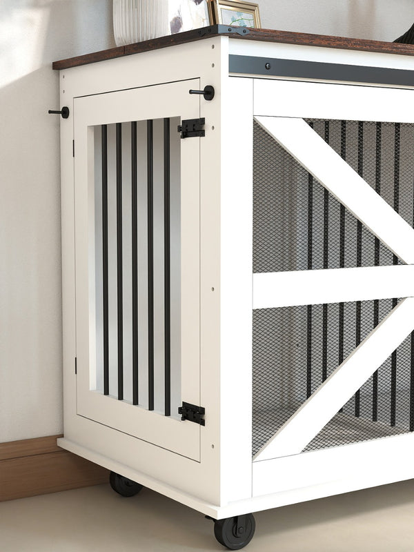 English Elm 47.2" Double Dog Crate Farmhouse Console with Rolling Casters and Barn Doors W2557P330269