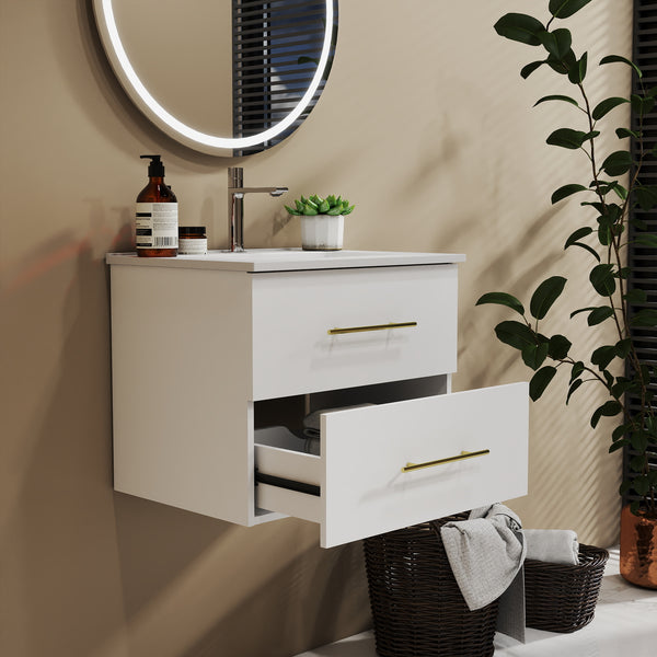 English Elm 24-Inch Wall-Mounted Vanity With Ceramic Sink, Dual Drawers, Gold Handles, Space-Saving Design W3151S00038