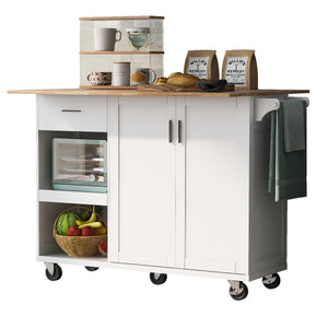 English Elm K&K Kitchen Island with Foldable Countertop, Spacious Mobile Storage Cart, Soft-Close Doors, Durable Rubberwood Top and Locking Wheels White N707P173036W