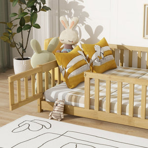 English Elm Twin Size Rubberwood Floor Bed with Safety Fence for Toddler Rooms Natural Finish W504P370533