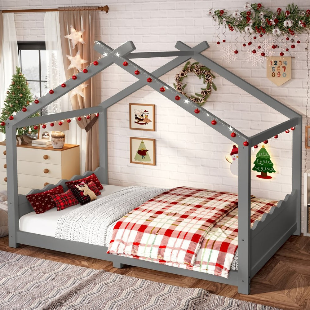 English Elm Twin House Frame Floor Bed Solid Pine Kids Room Montessori Low Profile Play Nook Gray W1580P387843