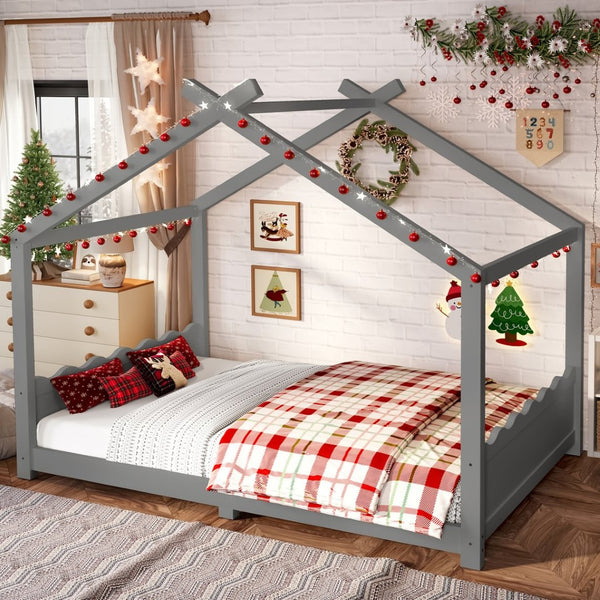English Elm Twin House Frame Floor Bed Solid Pine Kids Room Montessori Low Profile Play Nook Gray W1580P387843