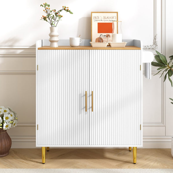 English Elm Modern Fluted Bar Cabinet with Wine Rack Glass Holders Adjustable Shelving and Hidden Drawer White N728P438606W