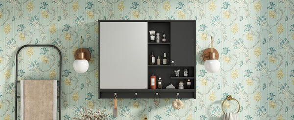 English Elm 36 Inch Wall Mounted Medicine Cabinet with HD Mirror, Adjustable Shelves, Towel Hooks, Modern Style Black N710P254924B
