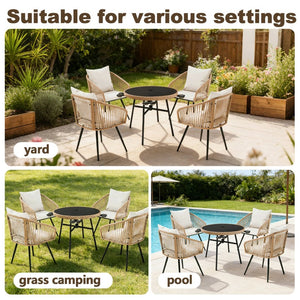 English Elm 5-piece Outdoor Wicker Dining Set with Round Glass Table and Cushioned Rattan Chairs White T5880S00011