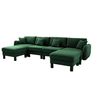 English Elm Boucle U Shape Sectional Sofa - 4-Seater With Shell Armrests & Movable Ottomans, Green Elegance W3041S00313