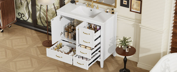 English Elm Christopher Knight Home® - 36" Vintage-inspired Bathroom Vanity with Ceramic Sink, Solid Wood Frame, Soft-Close Drawers, Spacious Storage White N759P293646K