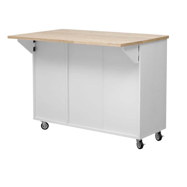 English Elm K&K 51" Fluted Kitchen Island with Waveform Panels, Drop Leaf, Rolling Cart with Towel Rack and Storage White N707P221446W