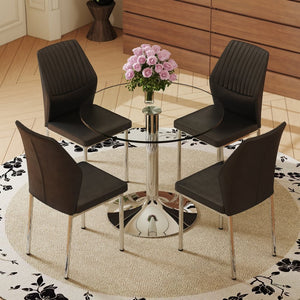 English Elm Table Set: 35" Round Transparent Glass Dining Table With 4 Black Pu Chairs & Silver Metal Legs W1151S03704-GIGA