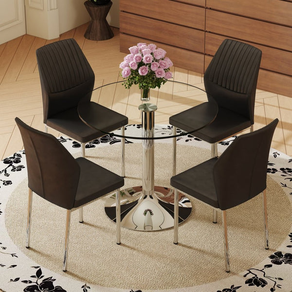 English Elm Table Set: 35" Round Transparent Glass Dining Table With 4 Black Pu Chairs & Silver Metal Legs W1151S03704-GIGA