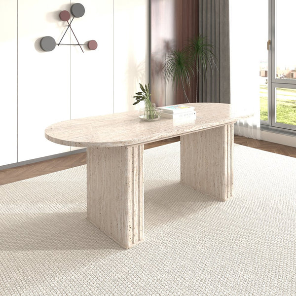 English Elm Kitchen extendable dining table with travertine-inspired melamine top, rounded edges, sturdy wooden base for family gatherings Beige W1347S00017