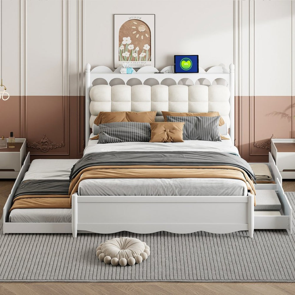 English Elm Queen Size Wooden Storage Platform Bed With Trundle, Usb Ports, And Spacious Drawers In White N820S00038K-GIGA