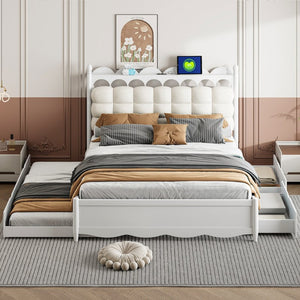 English Elm Queen Size Wooden Storage Platform Bed With Trundle, Usb Ports, And Spacious Drawers In White N820S00038K-GIGA
