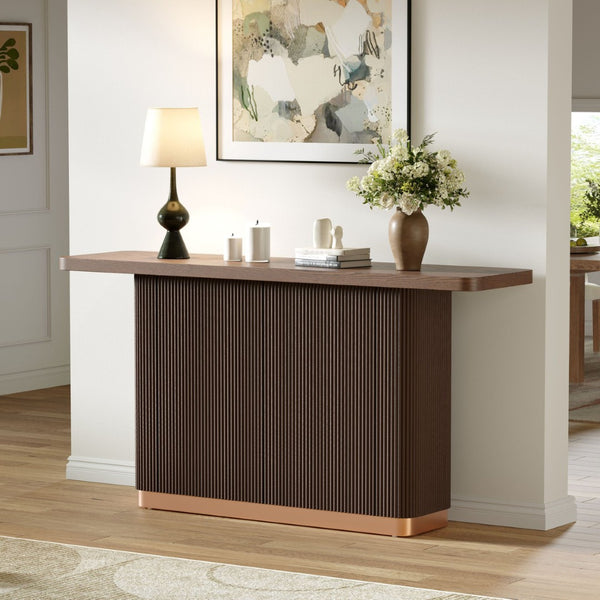 English Elm Console Table with Ash Veneer Top Fluted Pedestal Base and Metal Accents for Entryway N760P359389D