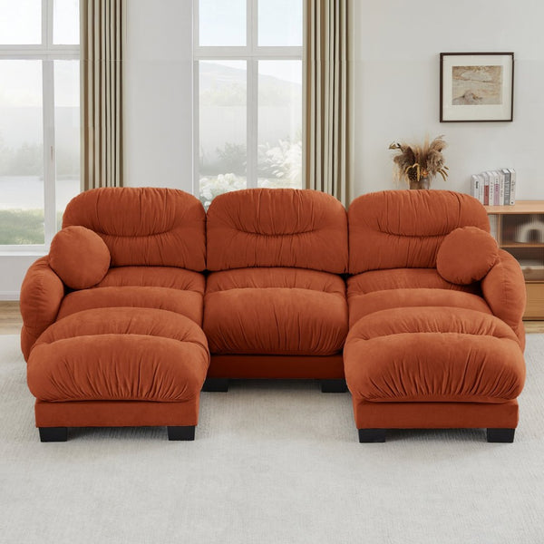 English Elm Pleated Chenille U-shape Sectional Sofa with Ottomans Ergonomic Foam Curved Armrests Orange W5656S00069