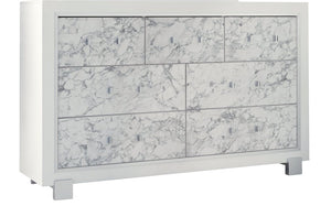 English Elm SKYE Marble White Dresser with Marble-Style Drawer Fronts, Solid Wood Frame, Spacious Knob Drawers B201P226274