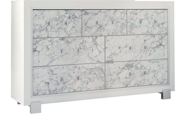 English Elm SKYE Marble White Dresser with Marble-Style Drawer Fronts, Solid Wood Frame, Spacious Knob Drawers B201P226274