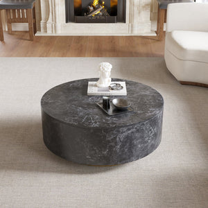 English Elm Tavola Round Coffee Table with Marble Pattern Top and Metal Legs, Two Drawers for Stylish Storage Grey B341P321161