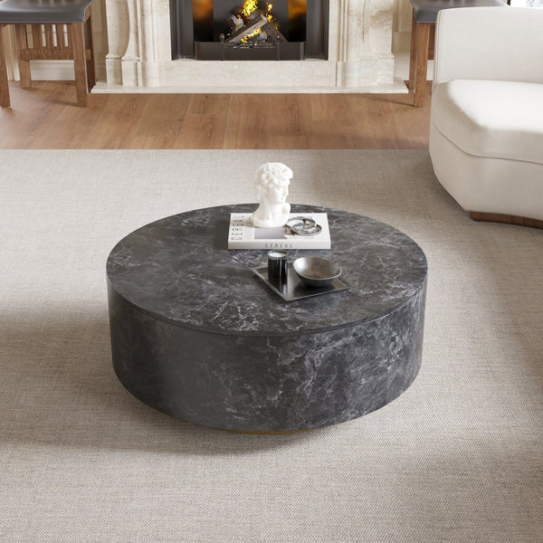 English Elm Tavola Round Coffee Table with Marble Pattern Top and Metal Legs, Two Drawers for Stylish Storage Grey B341P321161