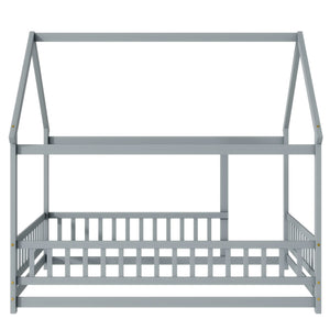 English Elm Full Size House Bed Frame With Roof, Safety Guardrails, Grey Finish - Perfect For Kids' Room Fun! W504P286407