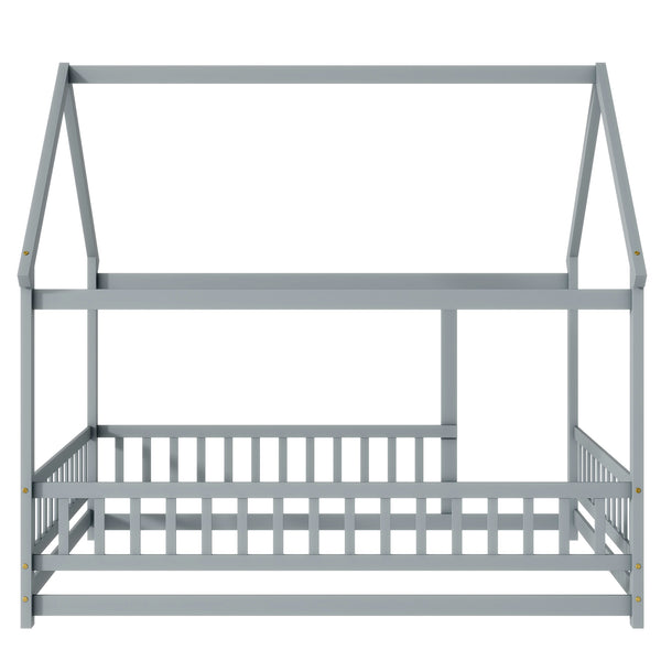 English Elm Full Size House Bed Frame With Roof, Safety Guardrails, Grey Finish - Perfect For Kids' Room Fun! W504P286407