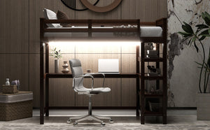 English Elm Twin Pine Loft Bed with Built-in Desk Open Shelves and Led Ambient Lighting Espresso GX000245AAP