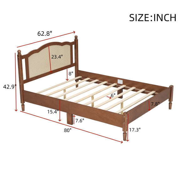 English Elm Queen Arched Rattan Headboard Platform Bed Matte Pine Frame No Box Spring Needed Walnut N733P180013D