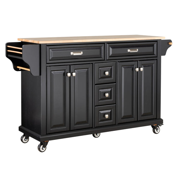 English Elm Kitchen Island durable rubberwood countertop kitchen cart on casters with towel rack, spice shelf, 5 drawers and adjustable shelving for organized meal prep and mobility Black W914S00003