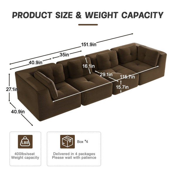 English Elm Modern Corduroy Sectional Sofa Tufted Four Seat Modular Design with Deep Cushions Brown W714S01810