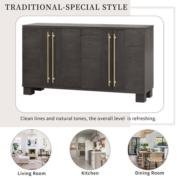 English Elm Trexm Ash Veneer Buffet with Gold Handles Matte Black Lacquer Dining Storage Taupe N715P232696N