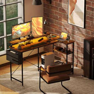 English Elm Homcom Rustic Brown L Shaped Corner Desk with Led Strip Power Outlet Monitor Shelf W2225P485648