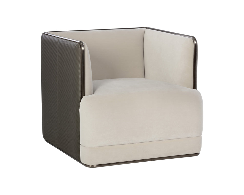 Sunpan Sierra Armchair – Bold Modern Design in Meg Taupe Fabric & Textured Faux Leather with Bronze Frame