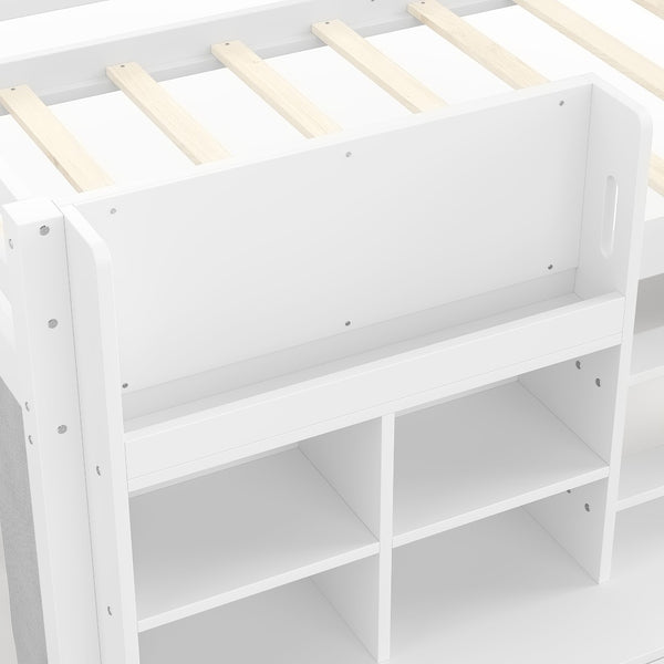 English Elm Full Bunk Bed with Trundle Bookshelf Storage Pine Frame Car Design for Kids W1580S00397